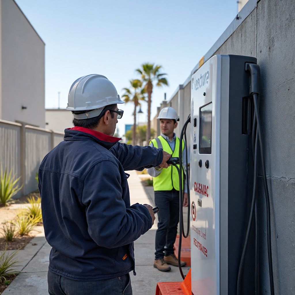 Equipo técnico instalando estación de carga eléctrica