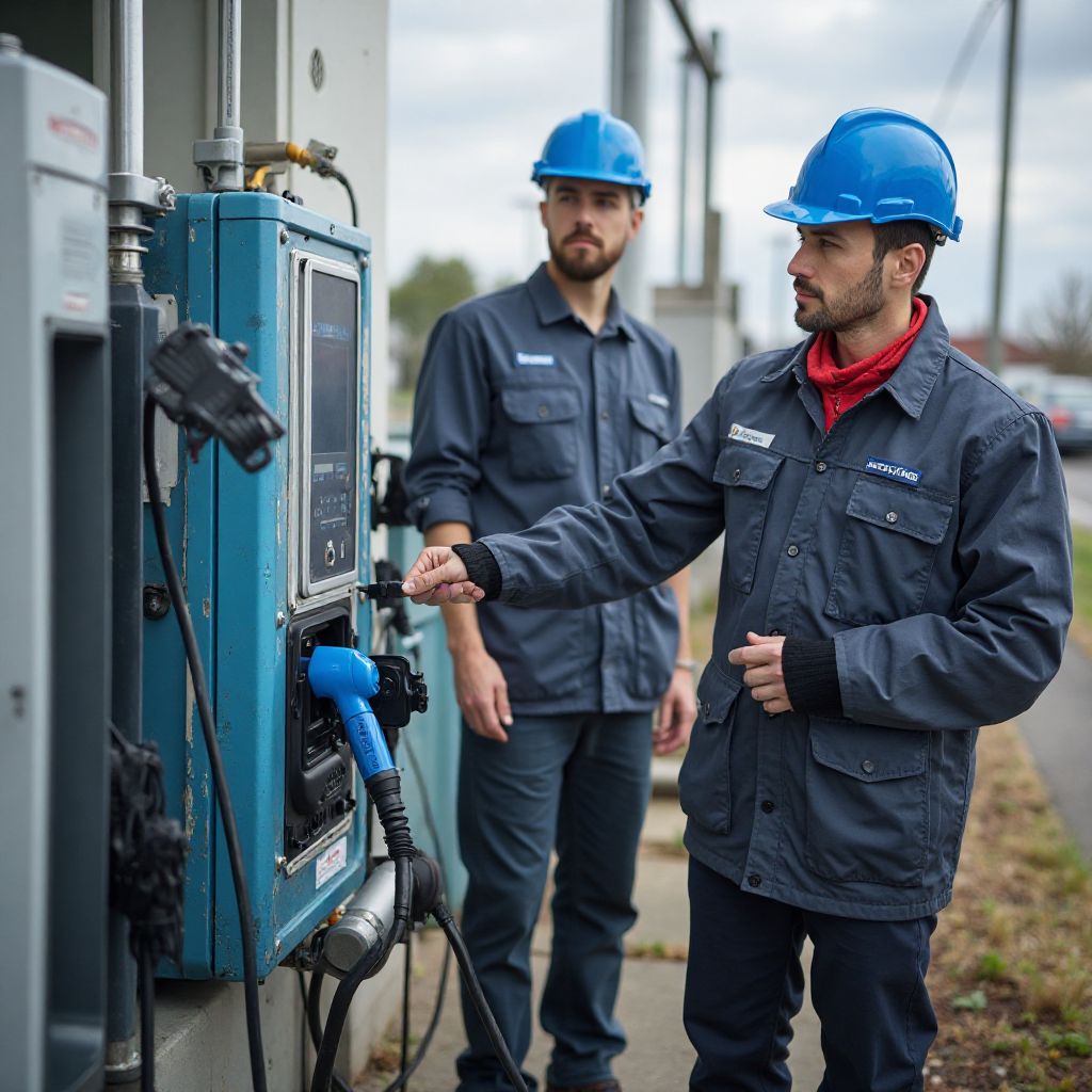Ingenieros instalando estaciones de carga